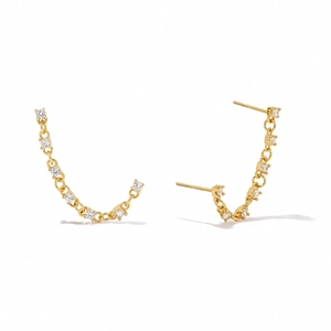 Detail of S925 sterling silver gold-plated chain earrings with sparkling zircon crystals