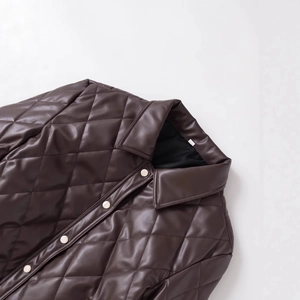 Short quilted PU leather jacket in dark brown with silver snap buttons and lapel