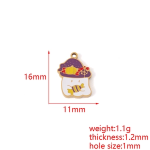Ghost pendant with purple hat showing dimensions: 16mm height, 11mm width and 1.1g weight