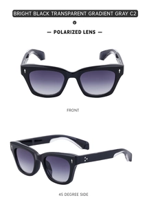 Front and 45-degree side view of polarized sports sunglasses in glossy black and grey