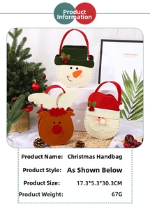 Detailed view of Christmas tote bags with snowman and reindeer motifs and dimensions