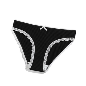 Culotte noire en coton côtelé pour femme avec bordure en dentelle blanche et noeud