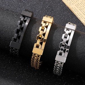Men's hollow square link bracelets in matte black, gold, and silver stainless steel