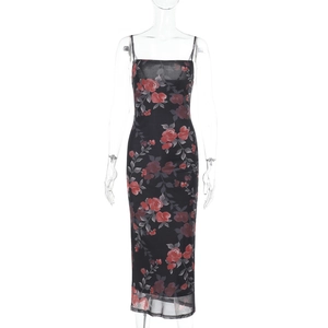 Détail de l'imprimé floral sur une robe longue ajustée en mesh avec des motifs de roses rouges