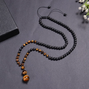 Lava stone and tiger eye beaded necklace with adjustable rope and large gemstone pendant