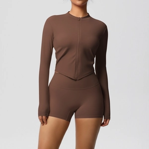 Women's 2-piece dark brown yoga set featuring a zip-up jacket and high-waist biker shorts