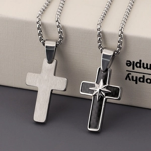 Minimalist titanium steel cross necklaces with silver and black carbon fiber star design