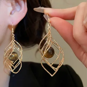 Twisted Rhombus Drop Earrings With Tiger Eye Stone Bead And 925 Sterling Silver Earring Post Maillard Style Jewelry