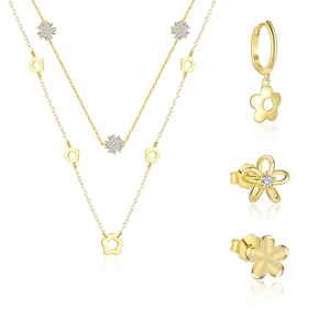 Set gioielli in argento sterling 925 con fiori traforati e collana a strati d'oro