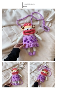 Detailed view of a purple hand-crocheted cartoon crossbody bag with pearl necklace detail