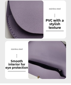 Detail view of purple PVC sunglasses case with smooth lining and stainless steel hardware