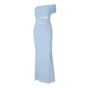 Detail of light blue one shoulder dress showing mesh splicing and slimming silhouette