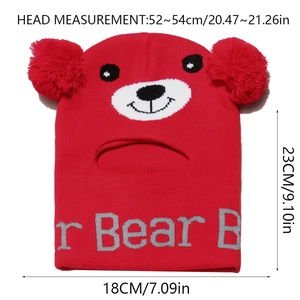 Red bear knit balaclava for kids with fuzzy pom-poms and gray bear text detail