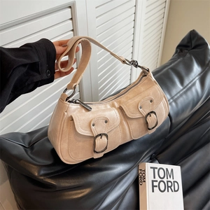 Retro beige motorcycle style crescent hobo bag with double pockets and silver buckles
