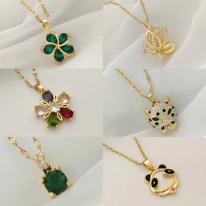 Stainless Steel Gold Plated Necklace Copper Inlaid Colorful Rhinestone Pendant Jewelry For Women Flower Butterfly Leopard Panda