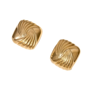 Polished 18k gold plated oval earrings with twisted ribbed texture on white background