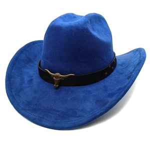Detail of blue suede western cowboy hat featuring a black leather band and bull head ornament