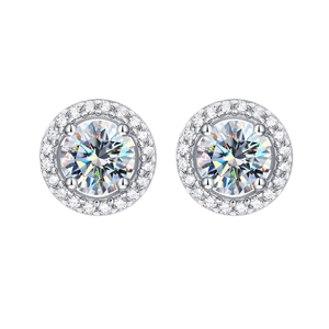 Elegant 925 silver moissanite stud earrings featuring a classic round halo diamond setting