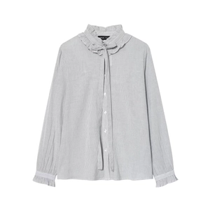 Striped Blouse Polyester Ruffle Stand Collar Bow Tie Long Sleeve Button Down Shirt Elegant Sweet Top For Women