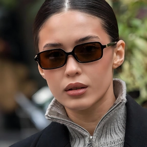 Retro rectangle sunglasses with narrow black frames and dark brown lenses for women