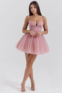 Detail of pink mesh tulle layering on a mini tutu dress with sweet spaghetti straps