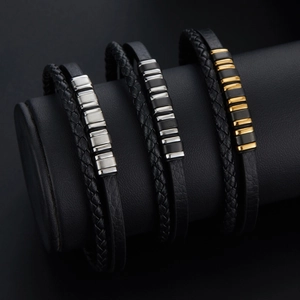 Men's multilayer braided leather bracelet with stainless steel accents in three colors