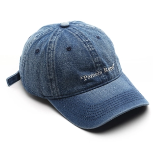 Vintage washed blue denim baseball cap with Pamela Reif embroidery and adjustable strap