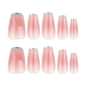 Short coffin press-on nails with nude pink gradient and shiny silver french tips