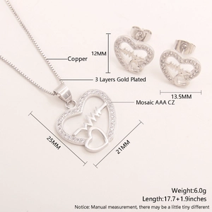 Detailed size parameters of 18k gold plated heart necklace and earrings jewelry set