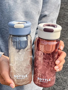 Detail of high-capacity portable bottle showing tea infuser and flip-top lid with ice