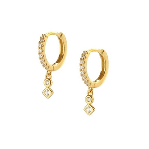 S925 silver needle hoop earrings with pavé zircons and geometric dangling pendants