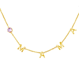 Detail of golden MAMA letter pendant necklace with a round purple gemstone accent
