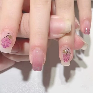 Purple Gradient 3D Grape Fruit Press On Nails Glitter French Style Square Artificial False Nails For Women Removable