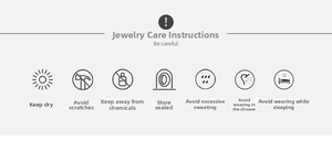 Guide for stainless steel jewelry care showing icons for cleaning and maintenance