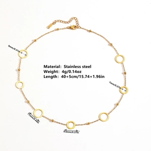 Minimalist gold stainless steel necklace with multiple circular hollow pendants on white