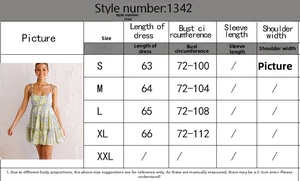 Detailed size chart for women's floral backless dress with bust and length measurements