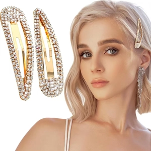 Golden rhinestone BB hair clips set shown on model with sparkling crystal detail