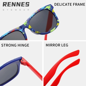 Kids' dinosaur pattern sunglasses with dark blue frames and red temples for sun protection