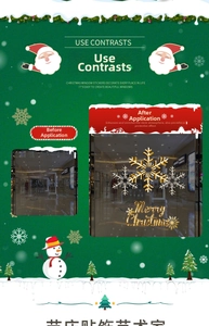 Detail showing golden snowflake and Merry Christmas static cling stickers on a glass window