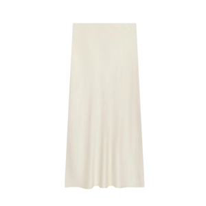 Elegant midi length satin skirt in beige cream with a smooth silky finish