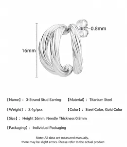 Detailed view of triple-strand woven stainless steel hoop earrings with 16mm height