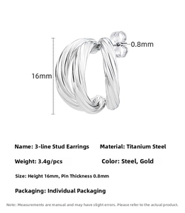 Detailed view of triple-strand woven stainless steel hoop earrings with 16mm height