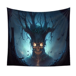 Detailed close-up of Halloween skull tree tapestry with glowing yellow eyes on white wall