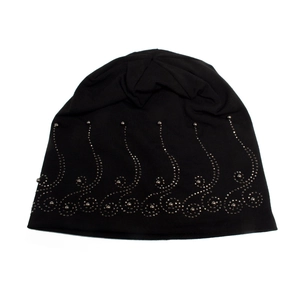 Women's black slouchy beanie with silver stud ornaments in a wave pattern