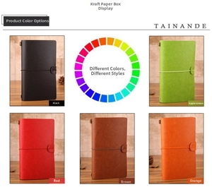 Detailed view of colorful faux leather journals with elastic closure bands on wood desk