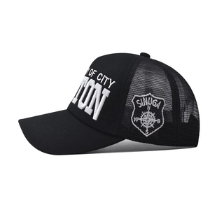 Black washed cotton baseball cap with OF CITY TON embroidery and side mesh panel