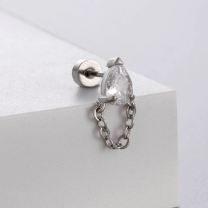 Silver titanium steel drop zircon stud earring with chain tassel on minimalist stand