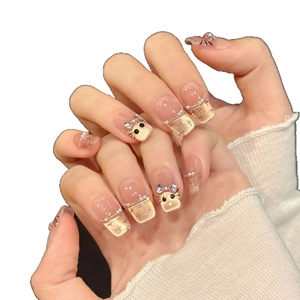 Handmade press-on nails with golden cat eye finish, pearls and cute 3D kitten charms
