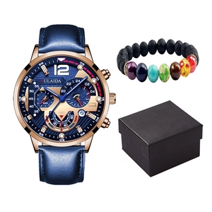 Men's blue leather quartz watch with volcanic stone bracelet in a gift box