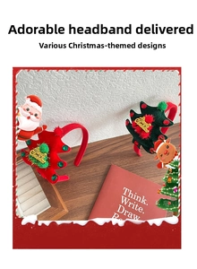 Close-up of Christmas tree headbands with soft velvet and gold Merry Christmas embroidery